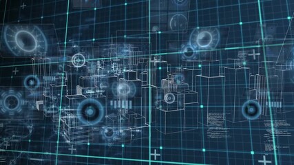 Data processing over grid network against grid network and data processing on black background - Powered by Adobe