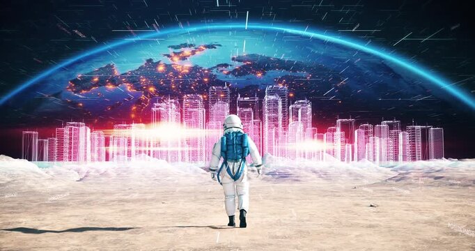 Astronaut walking in an advanced virtual city environment. New futuristic life on an alien planet concept.