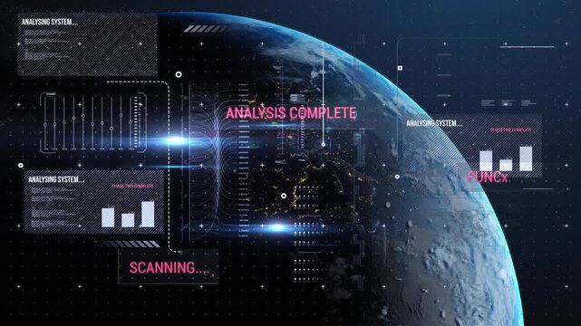 Animation of infographic interface with programming language over lens flares and rotating globe