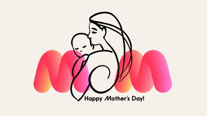 Happy Mother's Day greeting card. Mom and baby line art. Motherhood and newborn concept. Vector illustration