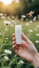 A person holding an anti‑allergy cream outdoors with a bee flying nearby, illustrating summer skincare, insect‑bite prevention, and natural protection in a garden setting.