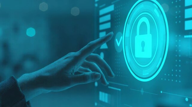 Hand Reaches Towards Digital Interface with Glowing Lock Symbolizing Cybersecurity, Data Protection, and Security Technology in Blue Toned Image