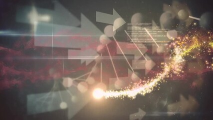 Animation of flying lens flare, moving arrows, database and dna helix over abstract pattern - Powered by Adobe