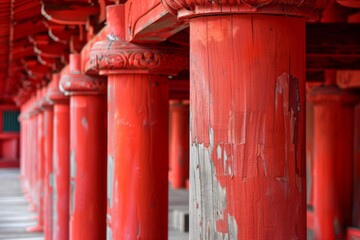 Close up view of weathered red pillars holding up the roof of a japanese temple or shrine