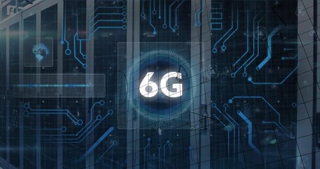 Animation of 6g text and microprocessor connections over mathematical equations against server room - Powered by Adobe