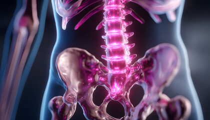 3D render showing female pelvic anatomy with glowing bones and joints highlighted in pink. Lumbar spine connects to hip bones, inner thigh bones extend down. Blue outline shows human body form.