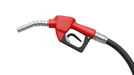 Red gas pump nozzle with black handle and metal spout