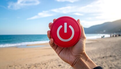 A hand holds a red button with a power symbol on a sunny beach, ocean and mountains blurred background