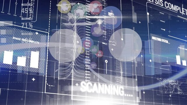 Animation shows business stats and colorful icons over a 3D city on a green screen.