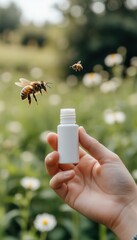 A person holding an anti‑allergy cream outdoors with a bee flying nearby, illustrating summer skincare, insect‑bite prevention, and natural protection in a garden setting.