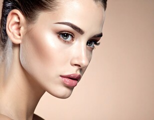 A close-up captures a woman's face. She has light skin and is looking slightly off-camera. Her eyes are a light color