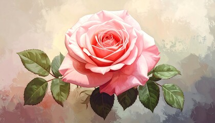 A close-up, digitally rendered image of a delicate, fully bloomed pink rose, surrounded by green leaves, against a pastel background