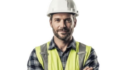 A construction worker wearing a white hard hat and yellow safety vest stands confidently with his arms crossed against a black background