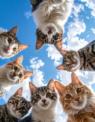 A close-up, fisheye perspective captures seven domestic cats peering down, their faces framed against a vibrant blue sky with fluffy white clouds