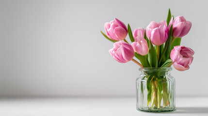 Fresh pink tulips in a clear glass vase standing on a white surface with negative space, elegant floral arrangement for spring gift or home decor in natural light