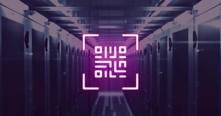 Animation of qr code and bars over corridor of server room in background - Powered by Adobe