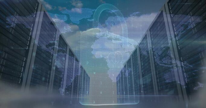 Animation of a cyber attack warning with a padlock over a server room