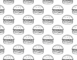 Black and white burger line pattern. Minimal black and white burger pattern with hand-drawn outline style on white background. Clean food illustration suitable for coloring pages, menus, and packaging