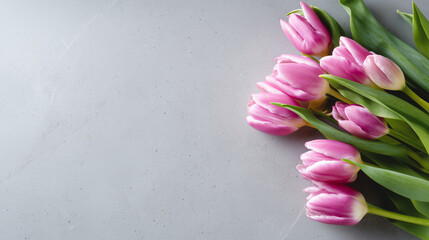 Pink tulips bouquet lying on a gray stone surface with copy space, fresh spring flowers for Mother's Day, Easter celebration and minimalist floral greeting card background