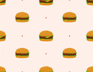 Soft background burger pattern. Burger pattern on a soft light background with evenly spaced cheeseburgers. Friendly food illustration perfect for wallpapers, menus, and casual branding.