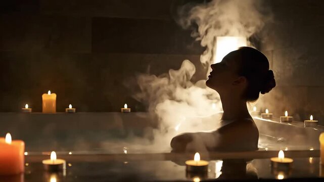 Elegant Woman Relaxing In A Steamy Bath Filled With Candles For Self-Care Rituals