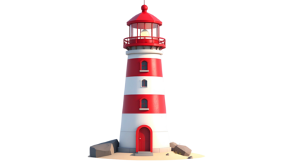 A 3D rendered lighthouse with red and white stripes, a red dome, and a light beaming from the top, set against a dark backdrop