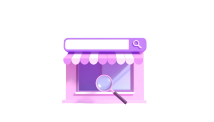A 3D rendered, pastel-colored storefront with a search bar and magnifying glass, suggesting online commerce or investigation