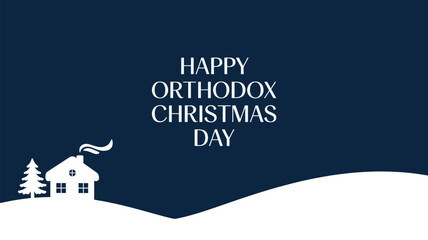 Happy Orthodox Christmas Day winter night illustration with snowy church village landscape blue background