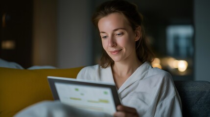 A smart home dashboard displays dramatically lowered household emission levels following a solar panel installation, the homeowner reviewing eco-friendly energy graphs with a satisfied smile.