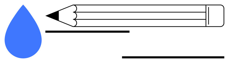 Design, creativity, art, education, minimalism, water conservation. Blue water drop icon next to a pencil and straight lines. Creativity and design using minimalistic elements