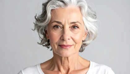 A close-up headshot portrays a mature woman with soft features, silver-grey wavy hair, and a gentle smile, against a plain background