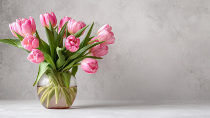 Bouquet of fresh pink tulips in a clear glass round vase on a grey surface against a textured wall, elegant spring floral arrangement for home decor and holiday celebration