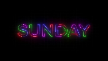 Multicolored neon sign spelling Sunday on black background colorful