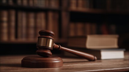Close-up of a judge&rsquo;s gavel resting on the courtroom bench beside statute books, representing authority, final judgment, and the weight of legal decisions. cinematic color correction, natural