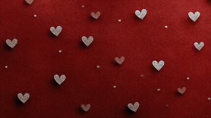 Decorative design showcasing scattered silver hearts against a vibrant red background, perfect for enhancing invitations, posters, or event decorations with a touch of love and creativity