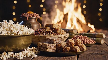 Happy lohri festival celebration background with traditional food popcorn peanuts rewari and chikki sweets served near bonfire on wooden table for indian winter harvest holiday