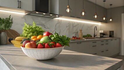 Bowl of fresh fruits and vegetables on kitchen counter, healthy eating and organic produce display