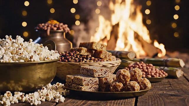 Happy lohri festival celebration background with traditional food popcorn peanuts rewari and chikki sweets served near bonfire on wooden table for indian winter harvest holiday