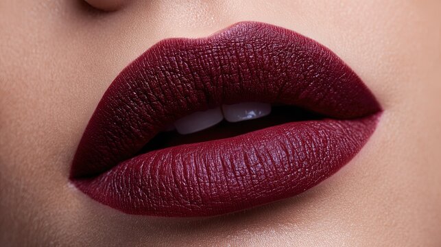 Close-Up of Deep Burgundy Velvet Matte Liquid Lipstick on Lips, Flawless Application, Professional Beauty Shot, Lip Texture Detail.