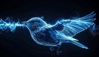 A glowing avian form in blue emitting energy waves, set against black