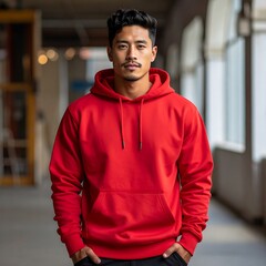 A handsome man in a vibrant red hoodie stands in an urban interior with blurred background lights and windows