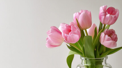 Fresh pink tulip bouquet in a clear glass vase against a light neutral background, spring floral arrangement for home decoration, easter, and celebration gift concept