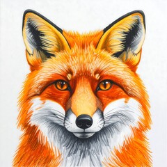 A close-up illustration of a fox head, showcasing vibrant orange fur, piercing orange eyes, and detailed shading against a white backdrop