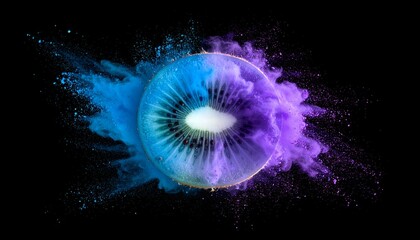 Kiwi slice engulfed in vibrant blue and purple powder against black