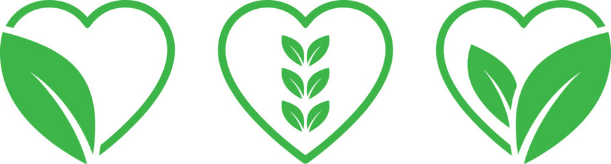 Green heart leaf icons set, eco friendly love nature symbols, organic healthy lifestyle concept, environmental care, clean flat vector illustration
