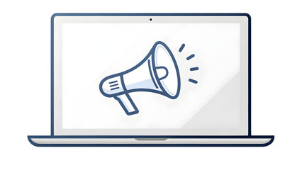 A 3d megaphone icon on laptop as a loud speaker for public announcements and communication of news through a high volume audio amplifier symbol