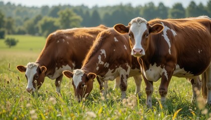 Cows grazing in a green field during a sunny afternoon in rural countryside