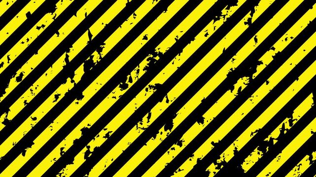 擦れてレトロな雰囲気の黄色と黒の警告色の斜めなストライプ背景。危険やエラーを警告するビンテージな縞模様のループするアニメーション素材