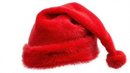 A bright red fuzzy Santa hat with a pom-pom on a white background