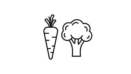 A simple line drawing of a carrot and a broccoli floret, representing healthy food and vegetables